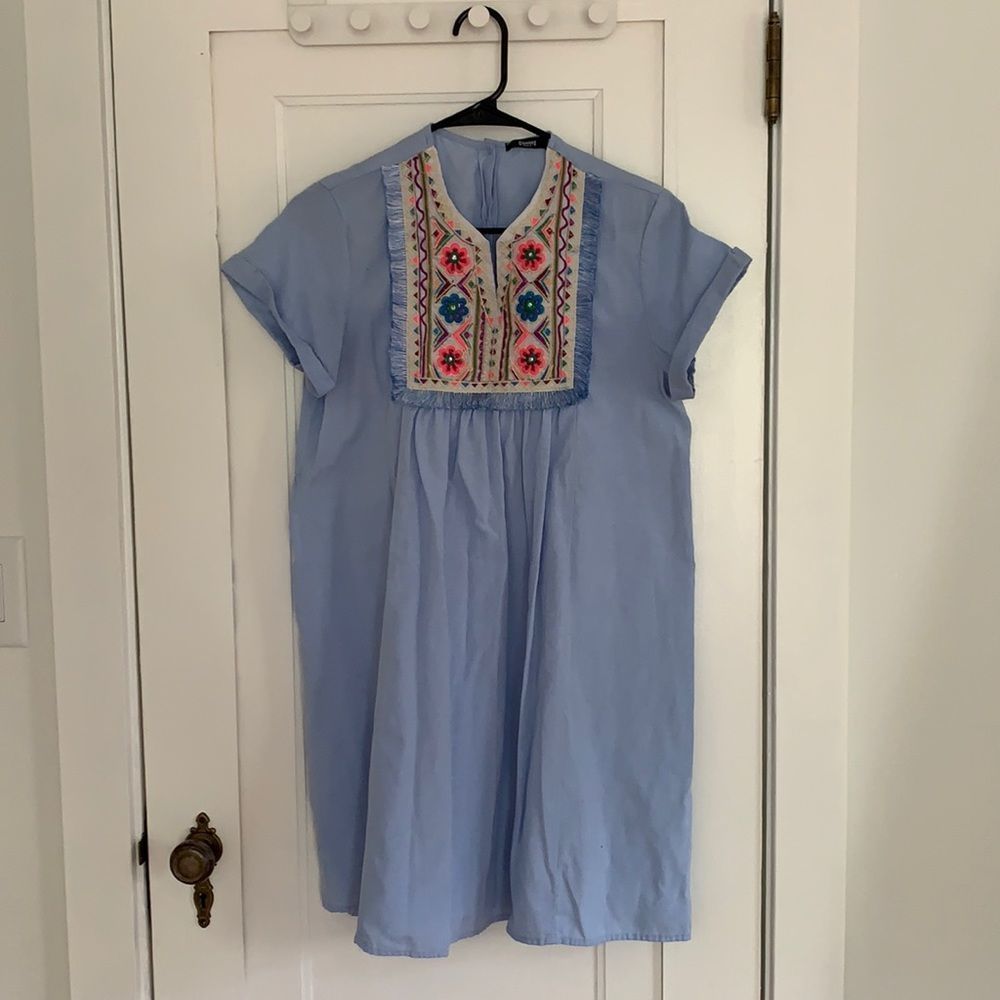 Embroidered Short Summer Dress light blue Aztec pattern